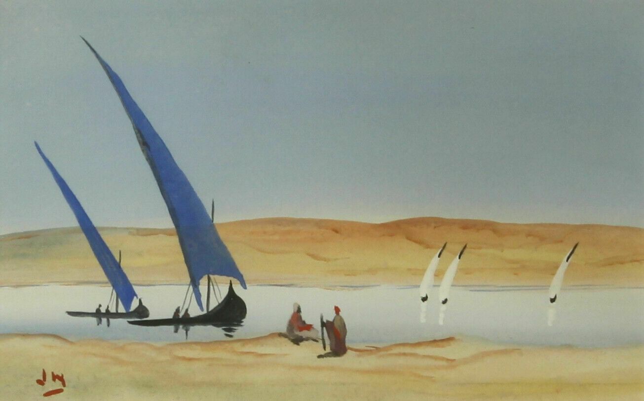 Gouache By J Hudson. Blue Sailed Dhow Boats photo furniture
