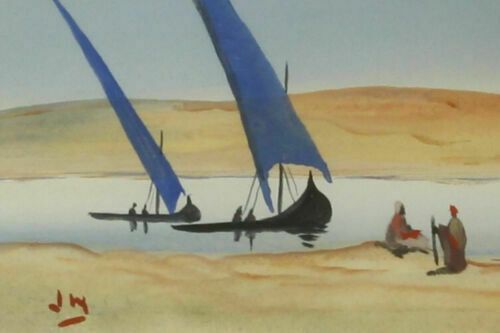 Gouache By J Hudson. Blue Sailed Dhow Boats photo for sale