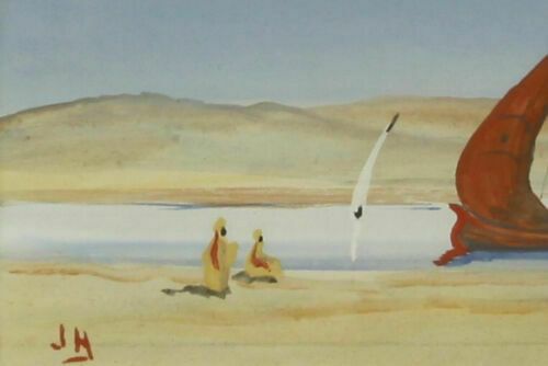 Gouache By J Hudson. Red Sailed Dhow Boat photo for sale