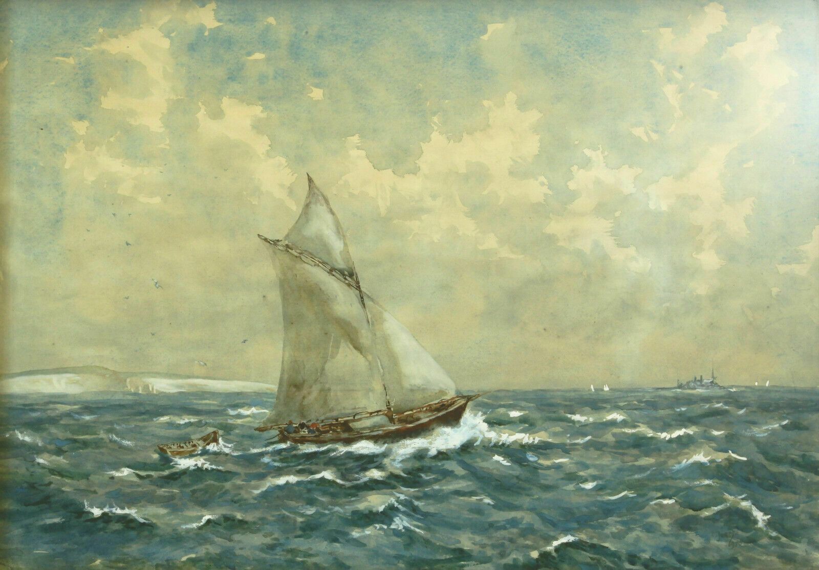Watercolour By Cecil Charles Ernest Jones. Sailing Boat At Sea photo furniture
