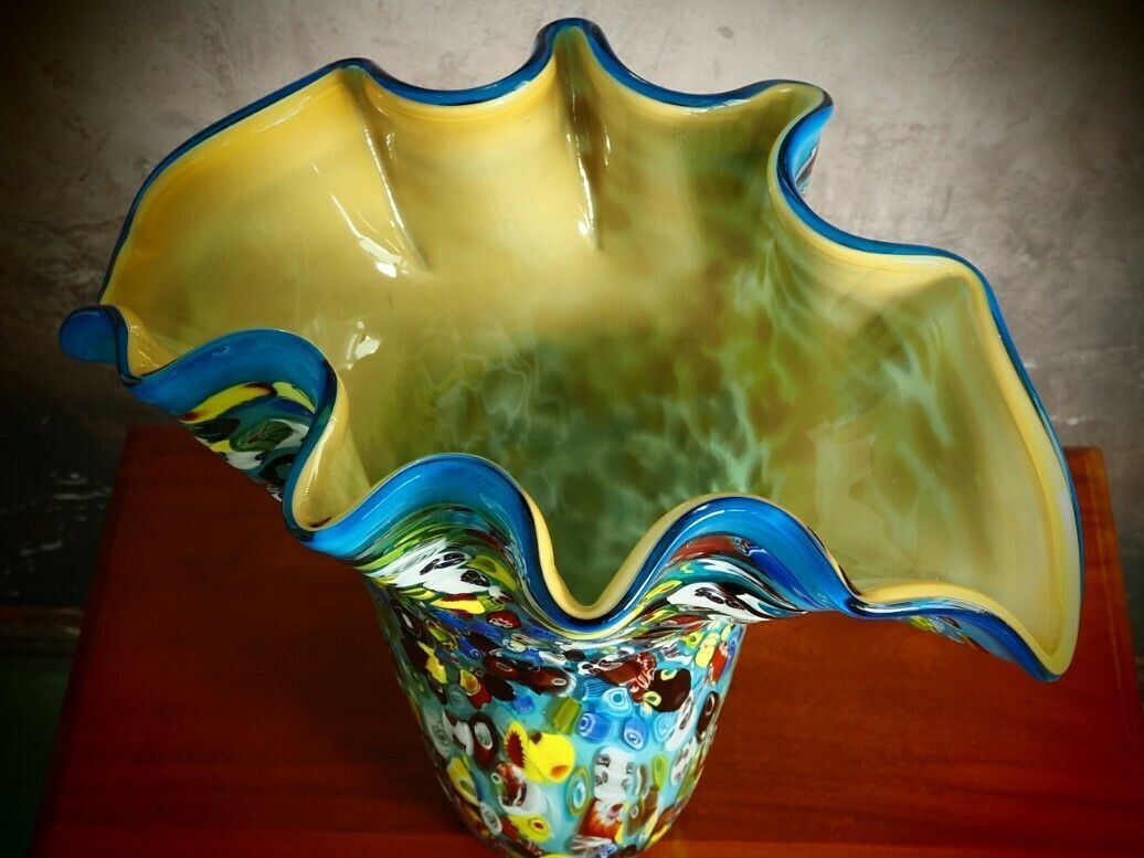 Amazing And Beautiful Blue Vase, Large Murano Style Glass Vase, Venetian Glass Home Decor, Antique Blue Wavy Design, Gift Idea photo vintage