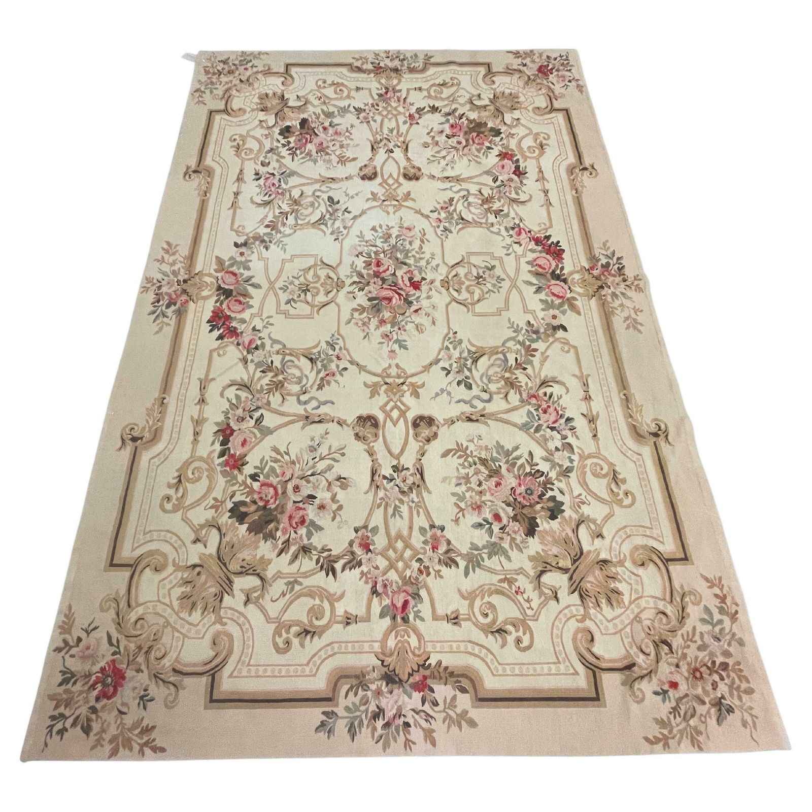 Traditional Aubusson Rug Cream Handwoven Carpet Wool Needlepoint Livingroom Rug