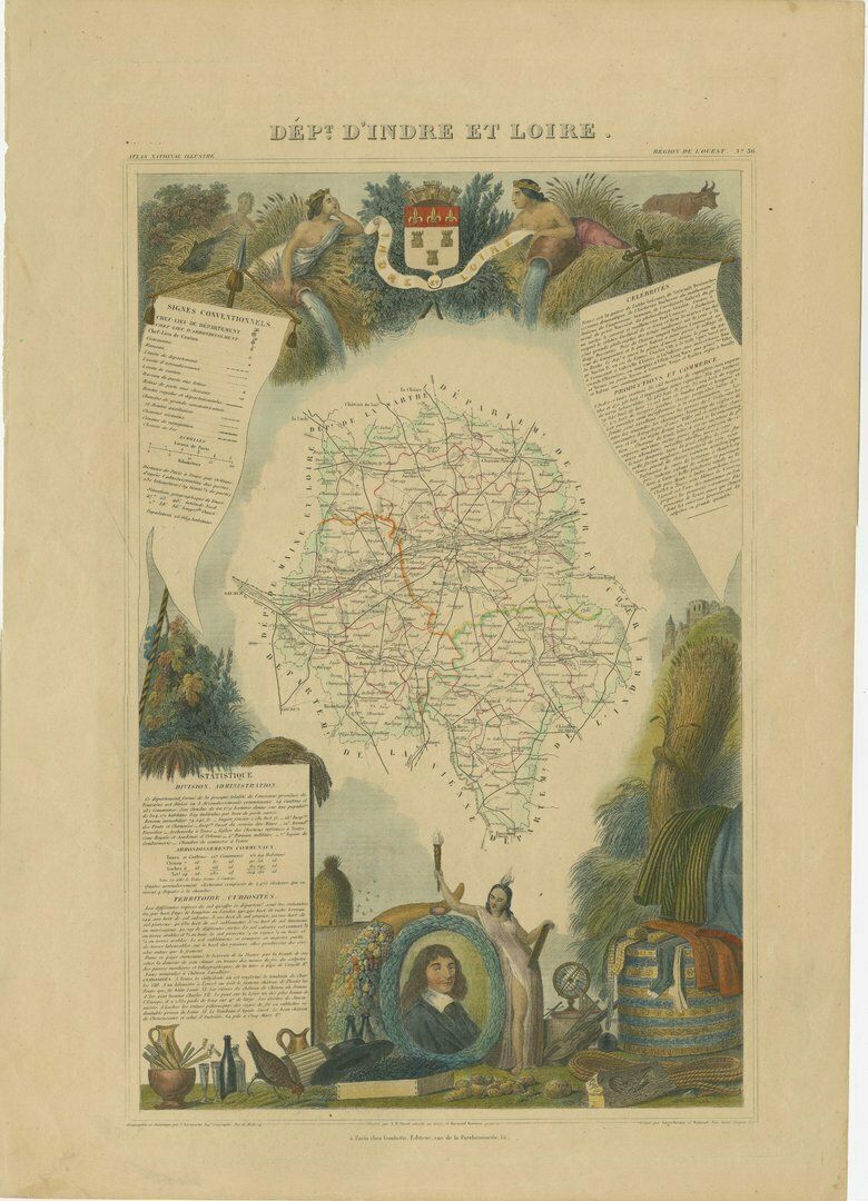 Hand Colored Antique Map Of The Department Of Indre And Loire, France