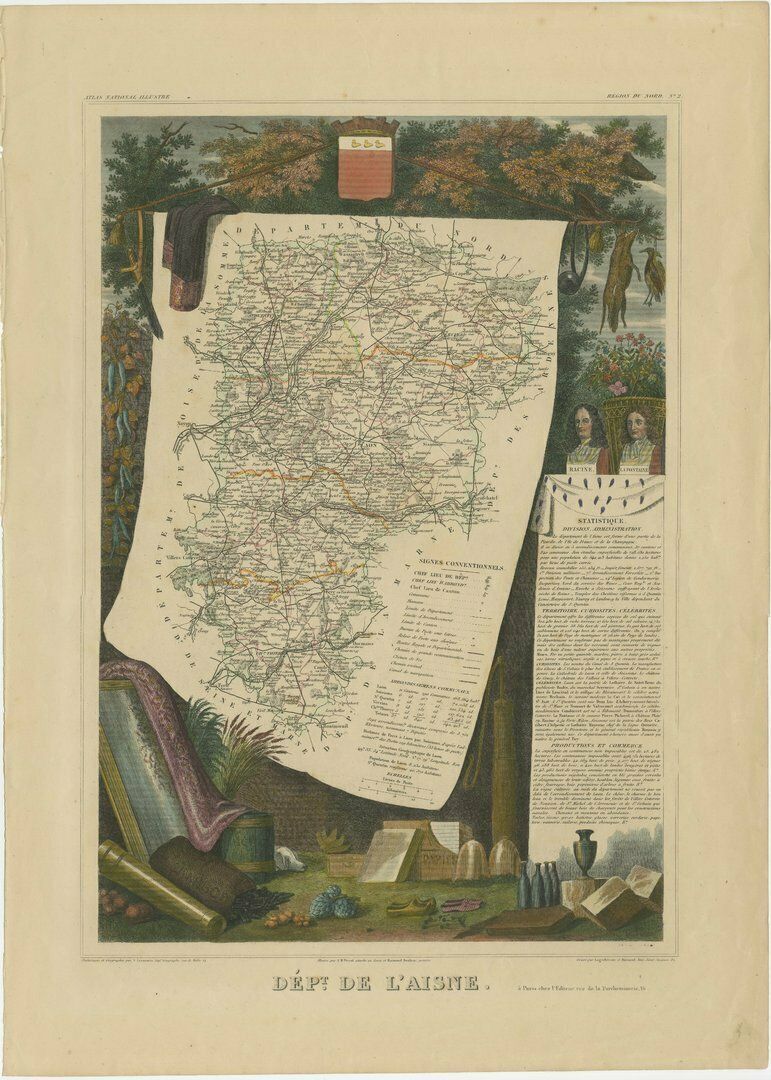 Old Map Of The French Department Of L'aisne, France