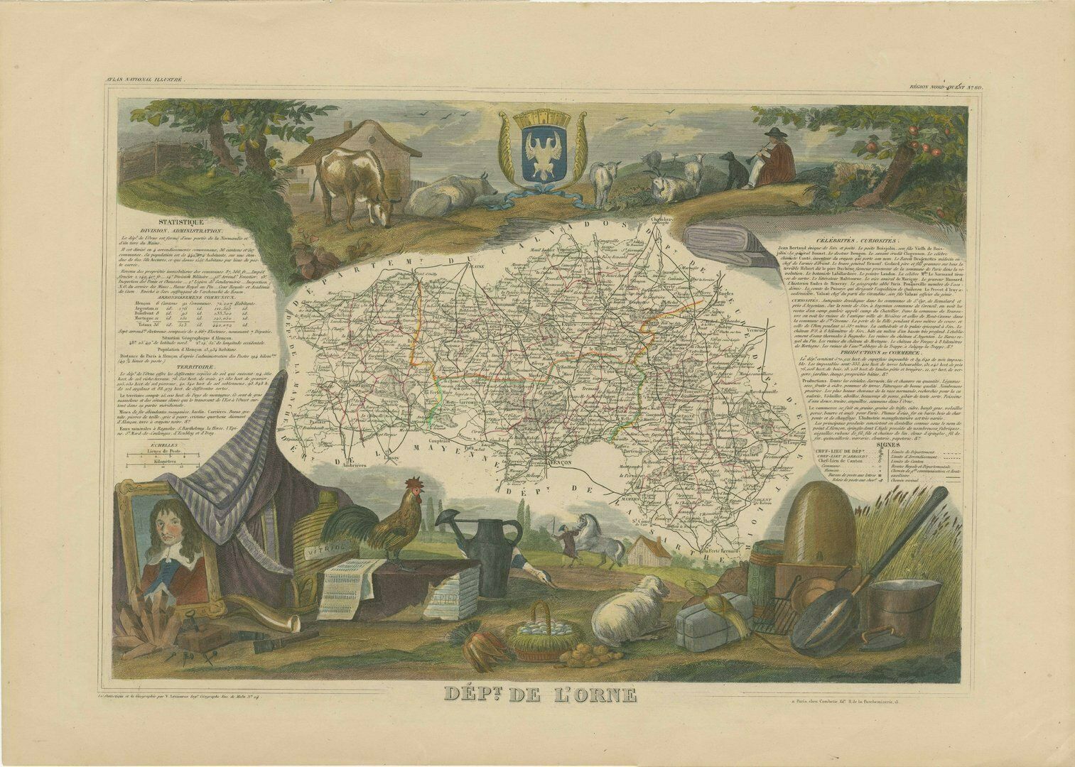 Hand Colored Antique Map Of The Department Of Orne, France