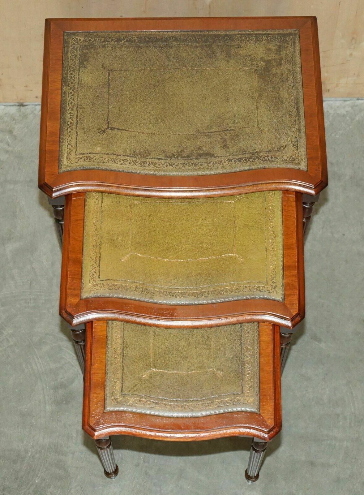 Vintage Serpentine Fronted Green Leather & Mahogany Nest Of Three Tables photo for sale