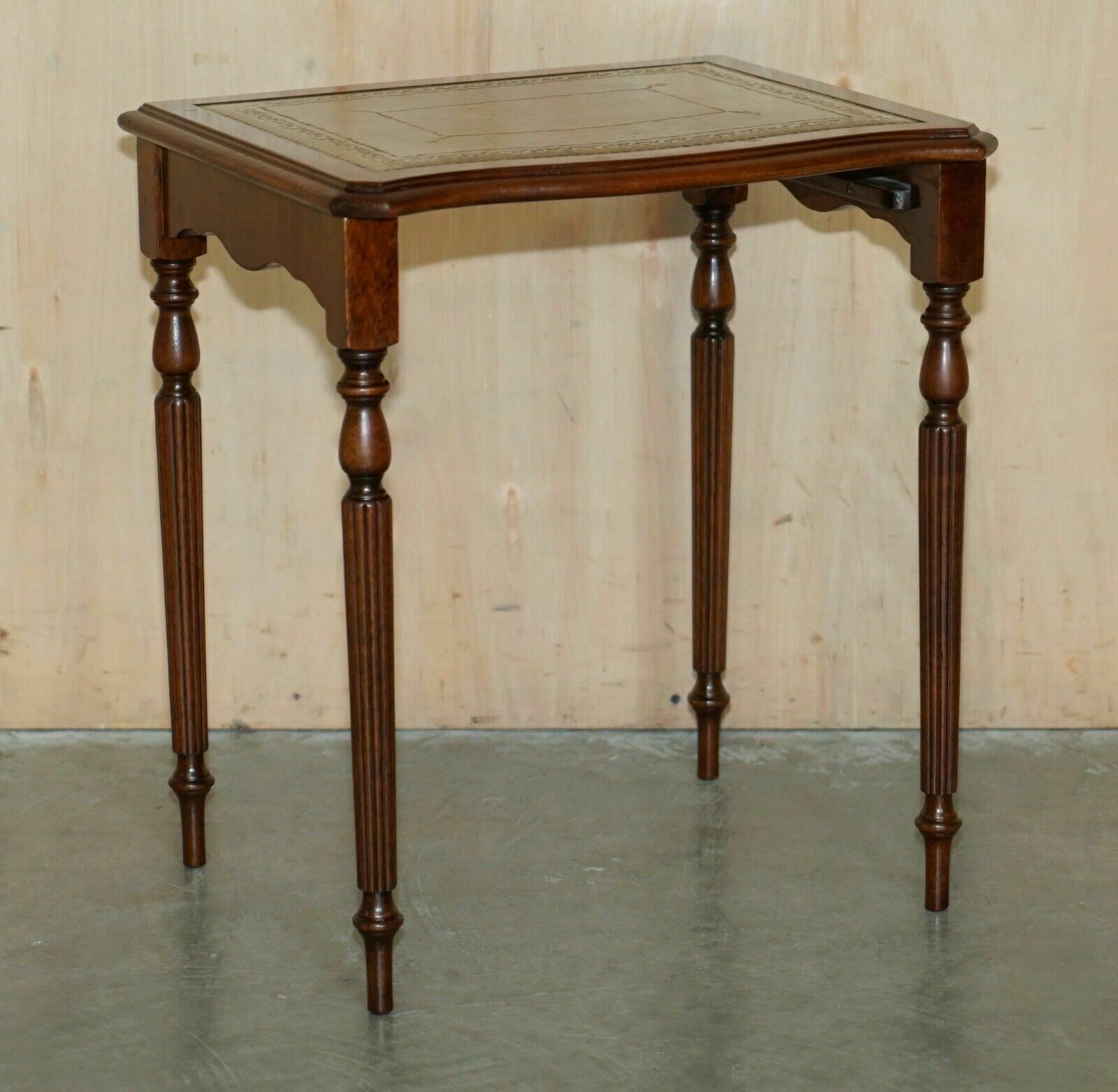 photo for sale Vintage Serpentine Fronted Green Leather & Mahogany Nest Of Three Tables