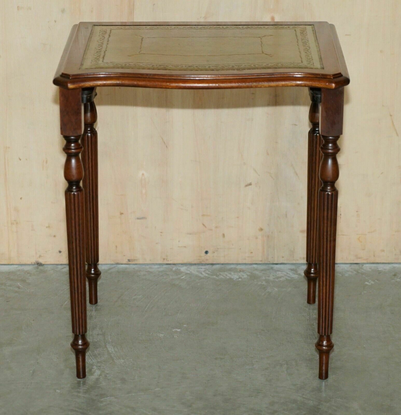 Furniture Vintage Serpentine Fronted Green Leather & Mahogany Nest Of Three Tables photo