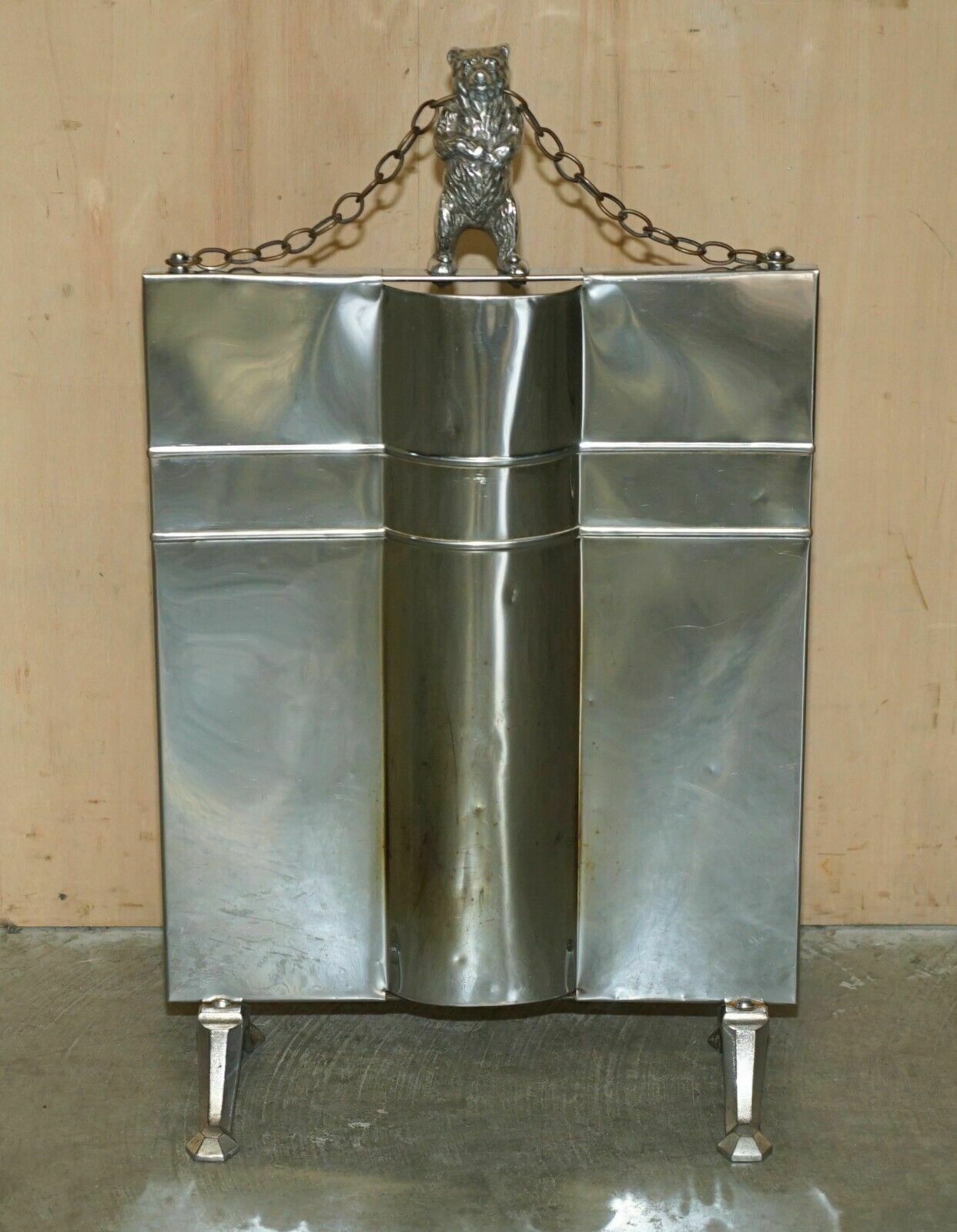 Art Deco Antique Circa 1920's Polished Chrome Fire Guard Screen With Bear On Top