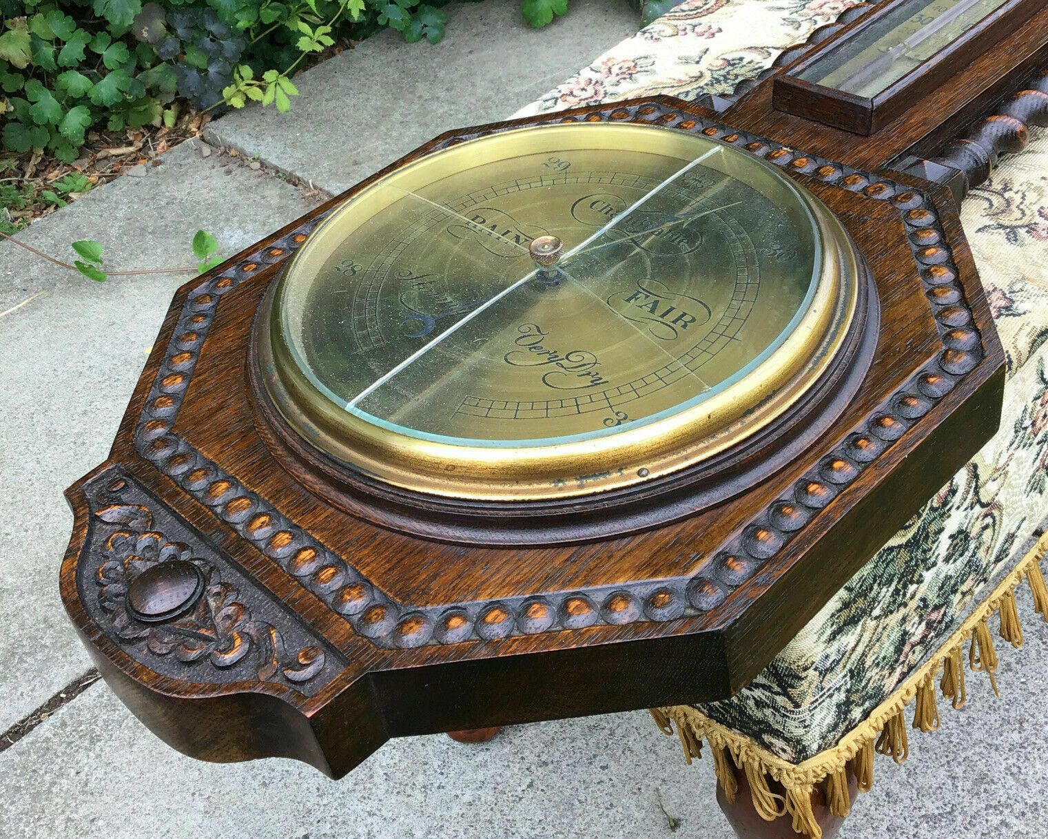 Early 20th C Carved Oak Barley Twist Barometer / Thermometer photo vintage
