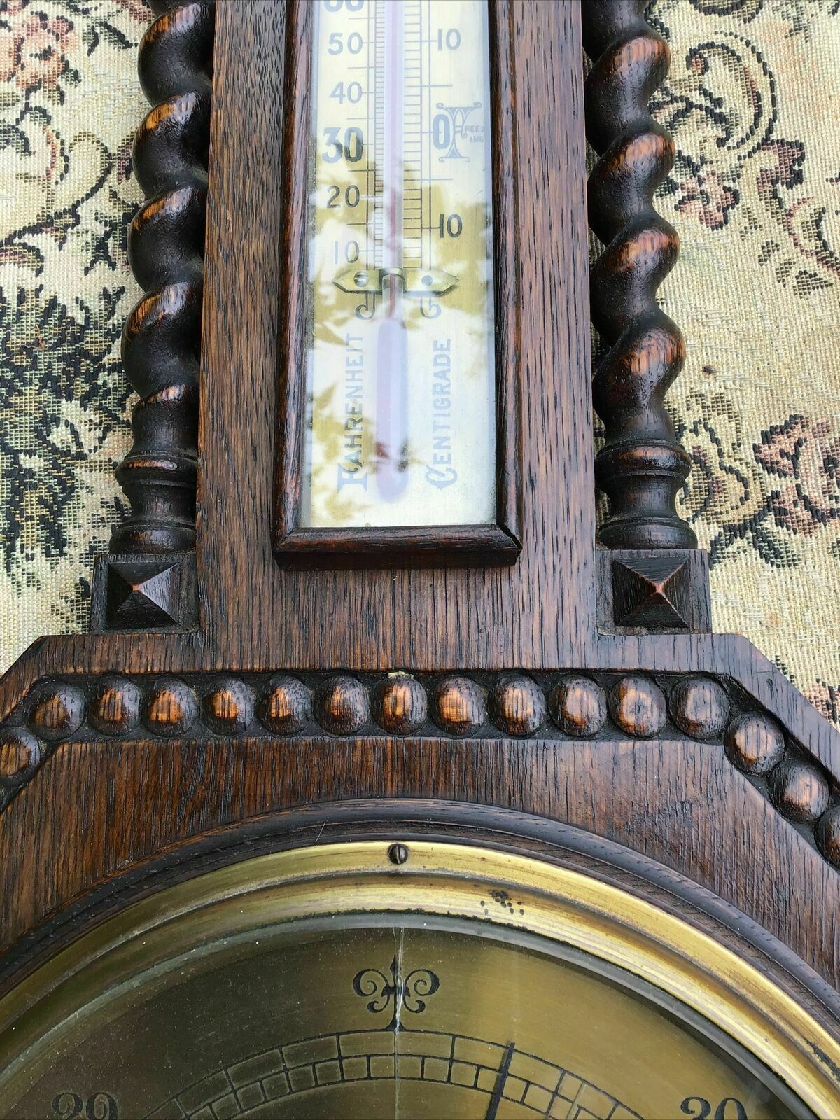 Home Decor Early 20th C Carved Oak Barley Twist Barometer / Thermometer photo