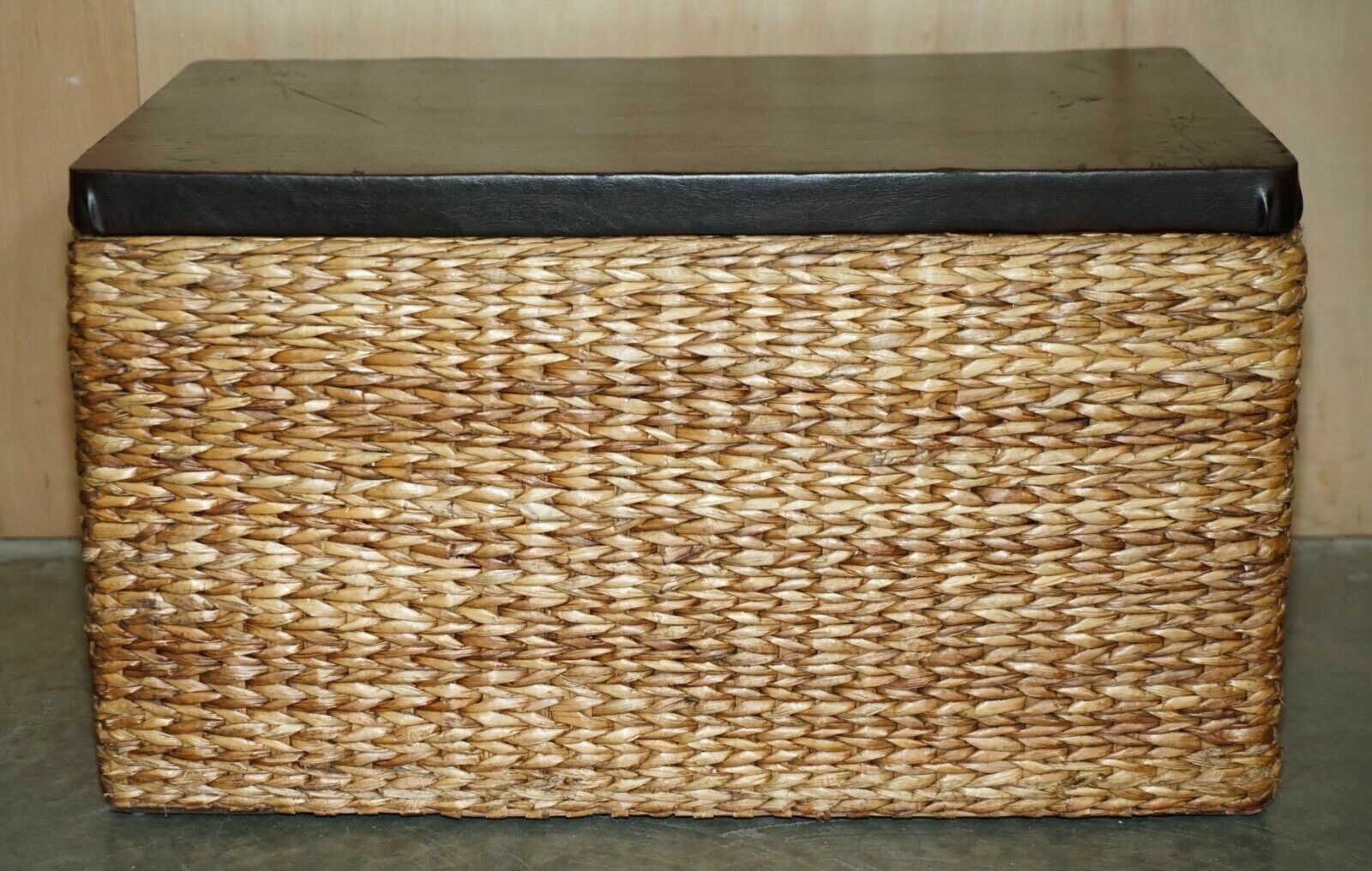 Lovely Pair Of Vintage Wicker Linen Storage Trunks Seats With Solid Wood Tops photo Furniture