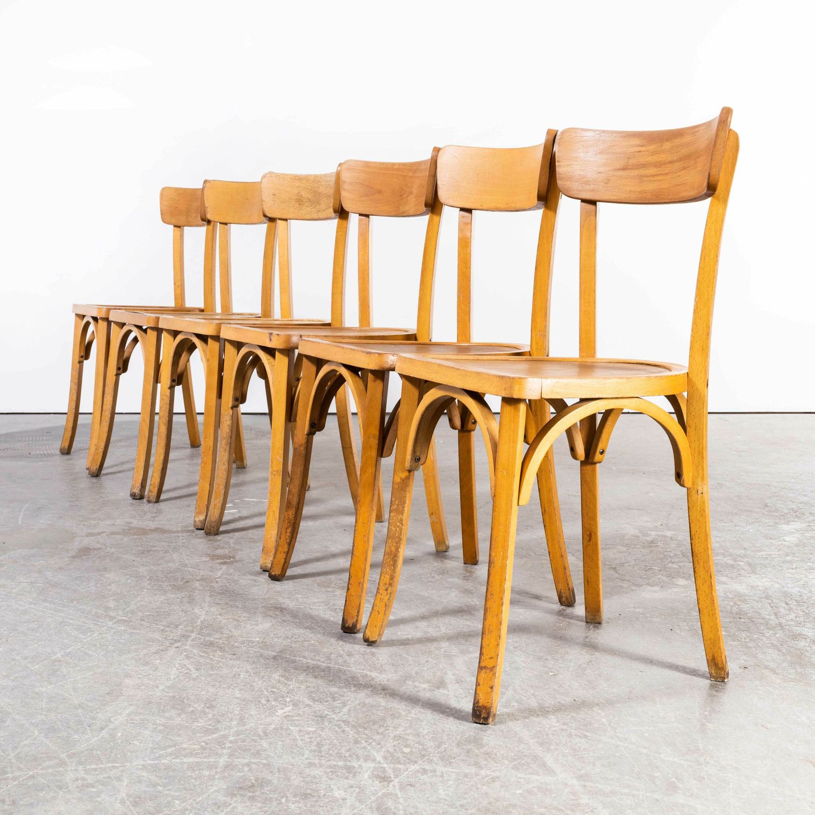 1950’s French Baumann Blonde Kick Leg Bentwood Dining Chairs – Set Of Six photo for sale