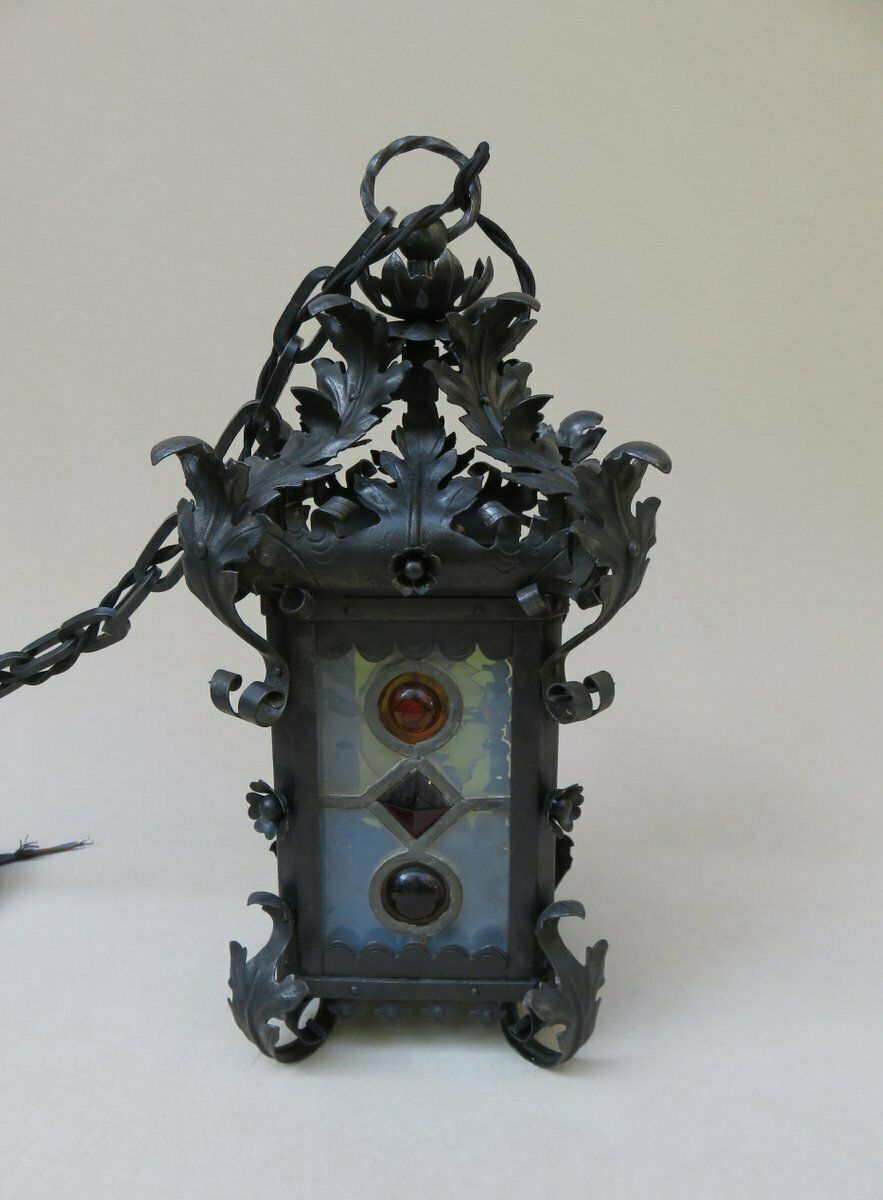 Art Nouveau Arts & Crafts Wrought Iron & Colored Lead Glazing Ceiling Light photo buy