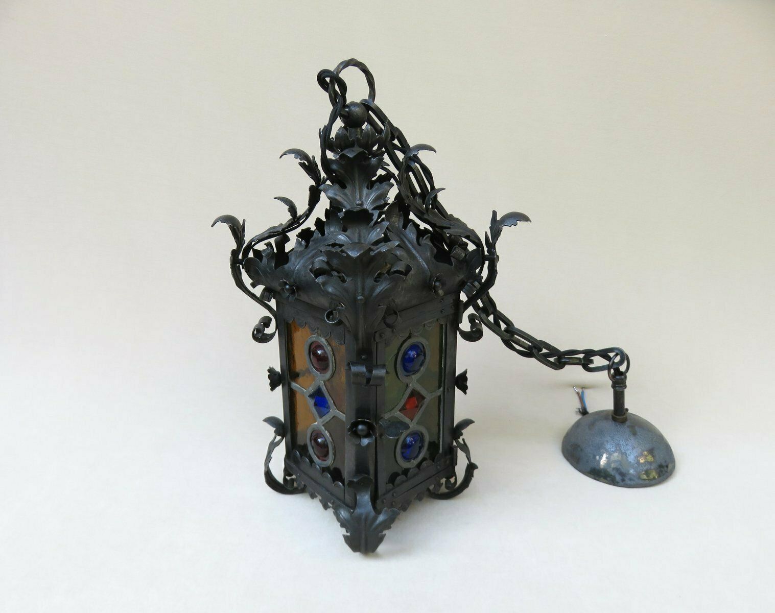 Art Nouveau Arts & Crafts Wrought Iron & Colored Lead Glazing Ceiling Light photo vintage