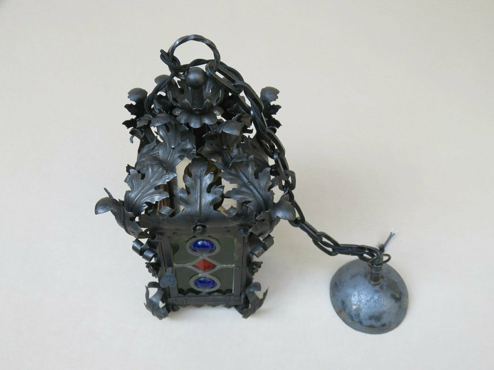 photo furniture Art Nouveau Arts & Crafts Wrought Iron & Colored Lead Glazing Ceiling Light