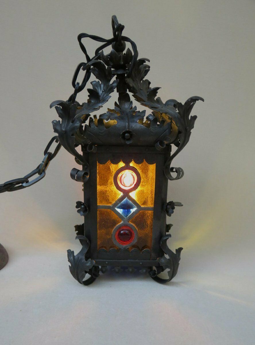 Lighting Art Nouveau Arts & Crafts Wrought Iron & Colored Lead Glazing Ceiling Light photo