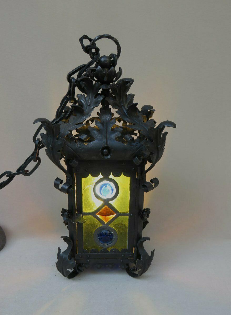 4022.2 Art Nouveau Arts & Crafts Wrought Iron & Colored Lead Glazing Ceiling Light photo