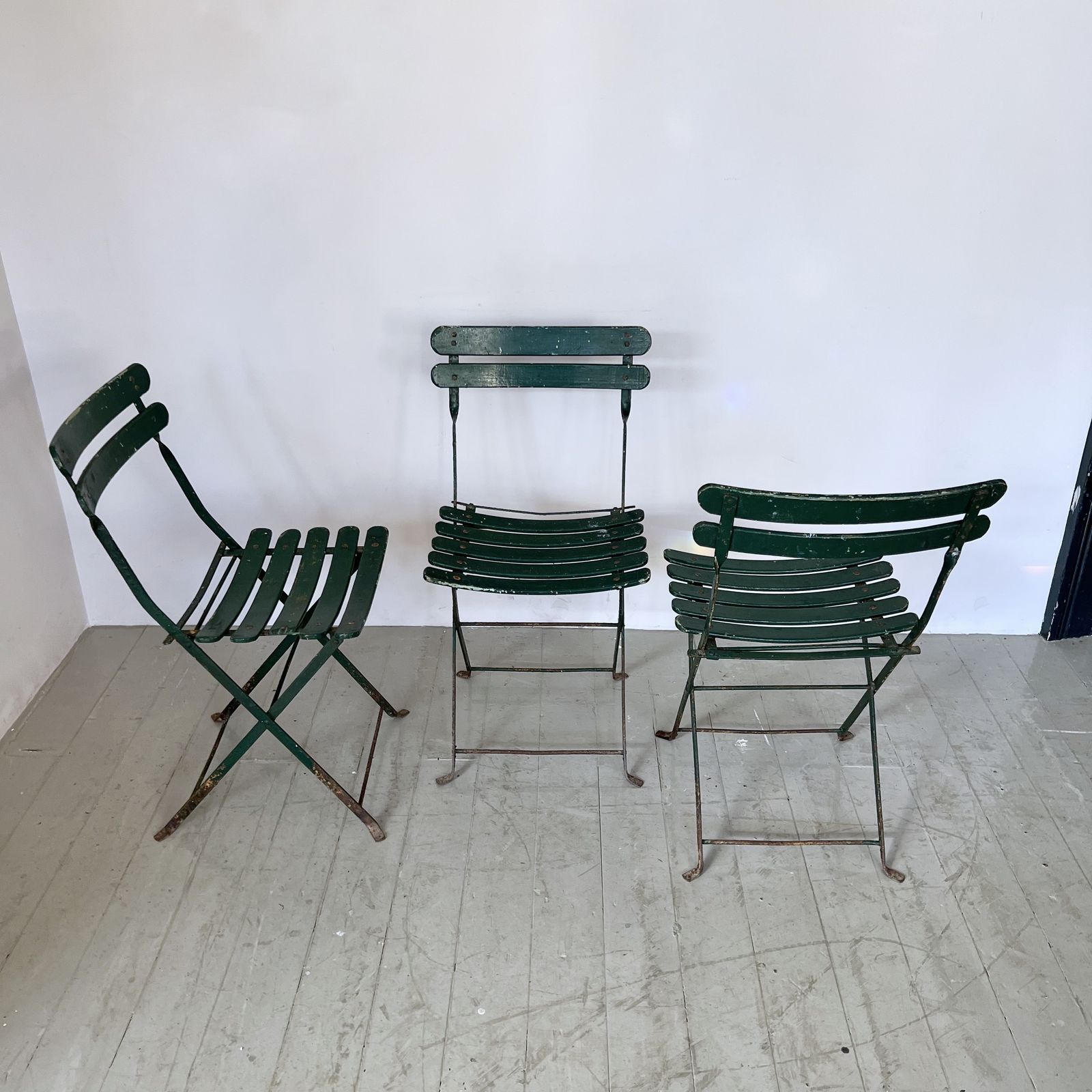 Three French Green Painted Folding Bistro Chairs photo for sale