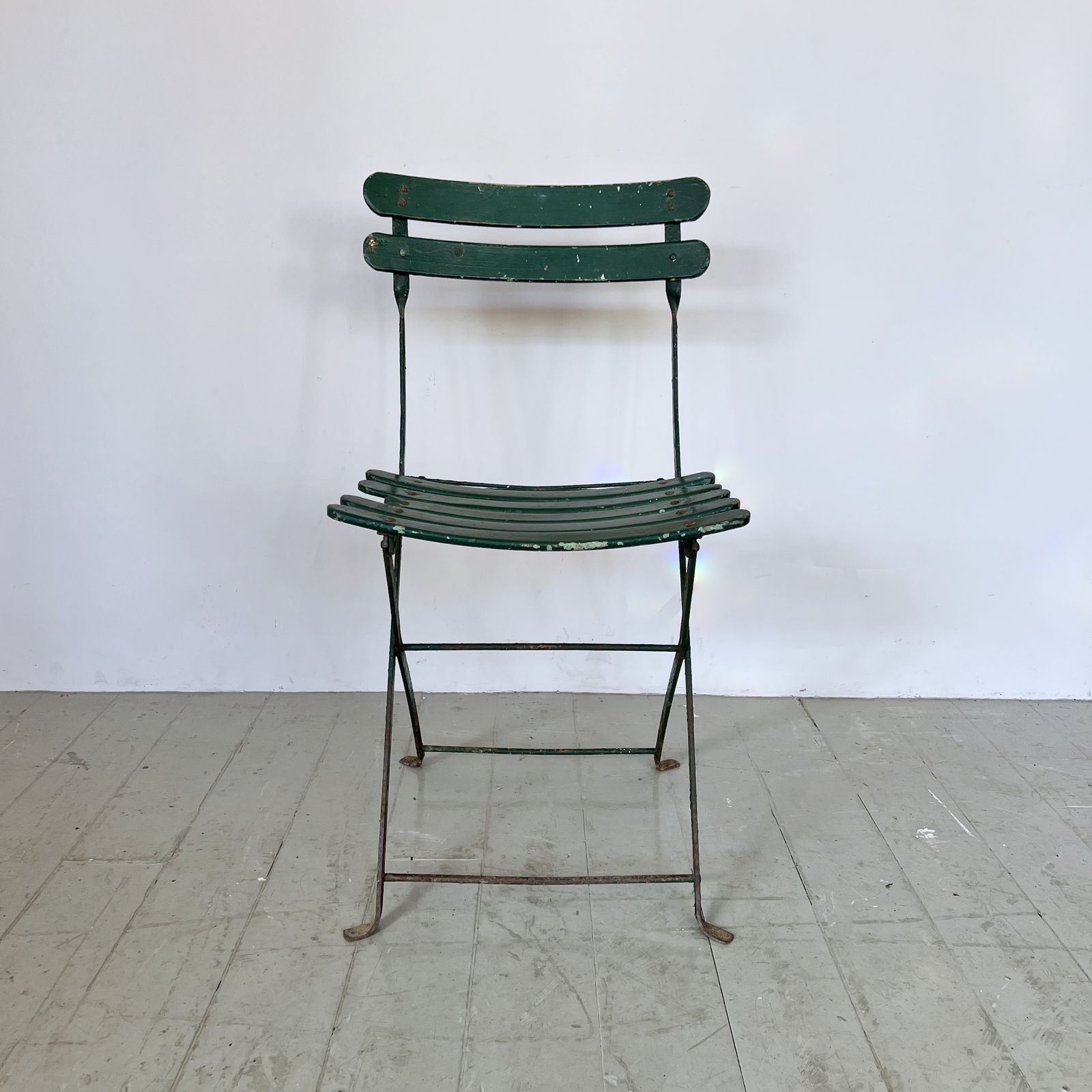Three French Green Painted Folding Bistro Chairs photo vintage
