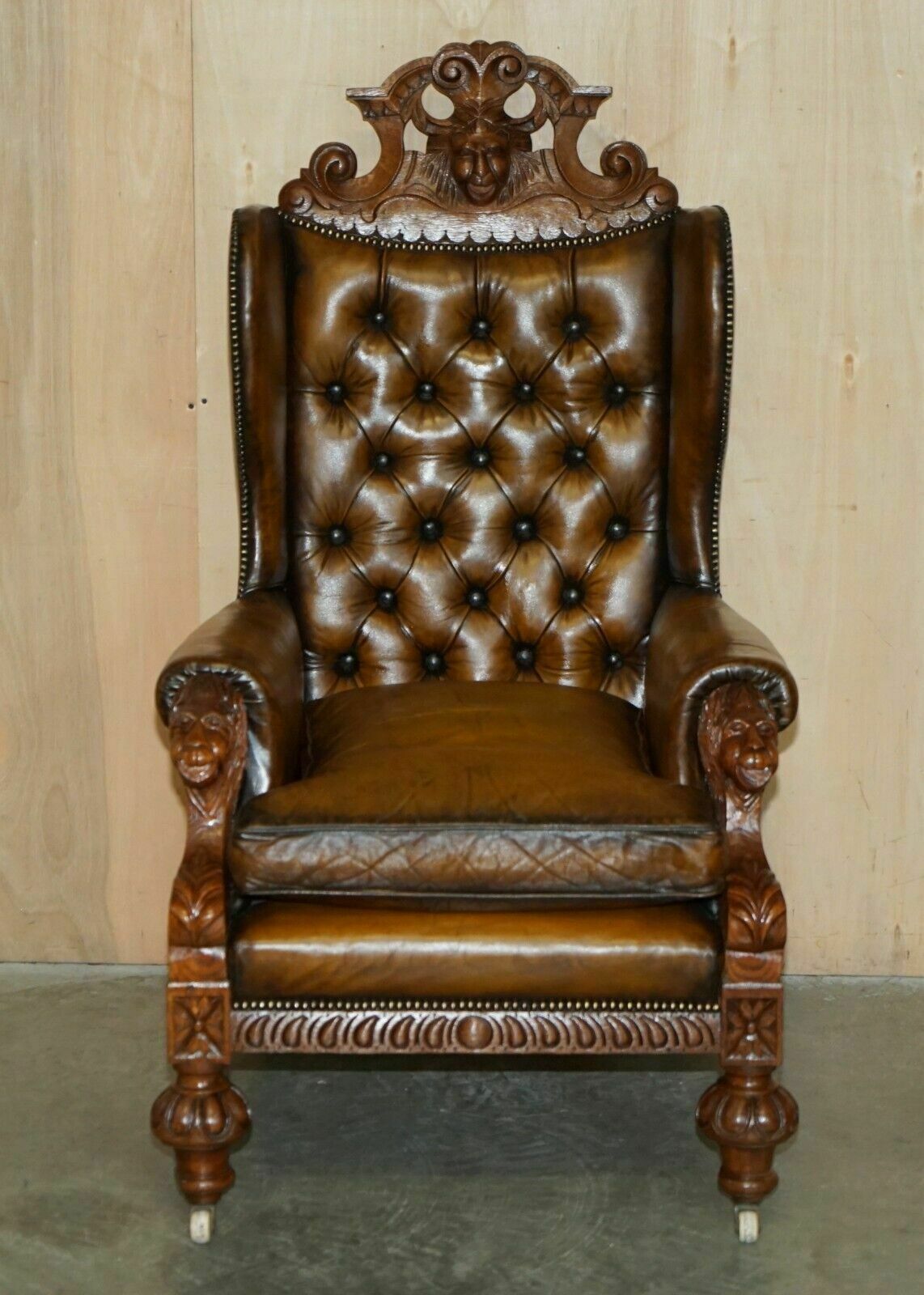 Huge Pair Of Antique Victorian Lion Carved Chesterfield Brown Leather Armchairs photo for sale