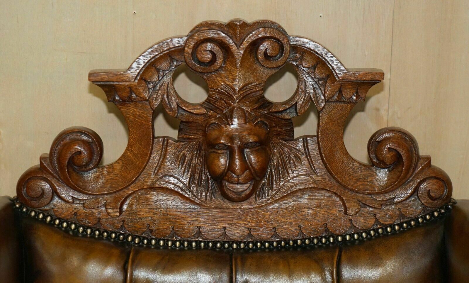 Huge Pair Of Antique Victorian Lion Carved Chesterfield Brown Leather Armchairs photo Furniture