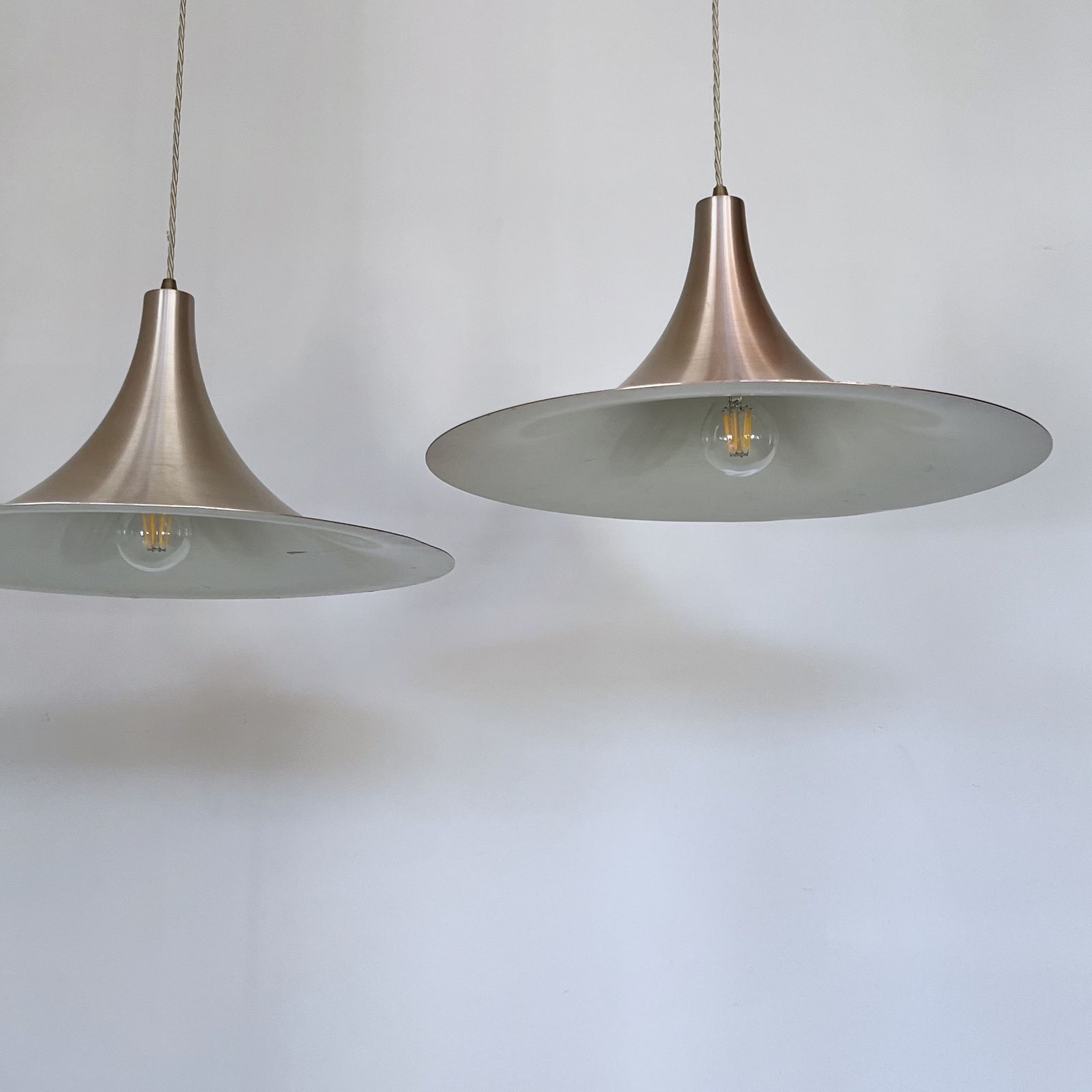 Pair Of Mid Century Danish Spun Steel Trumpet Pendants photo for sale