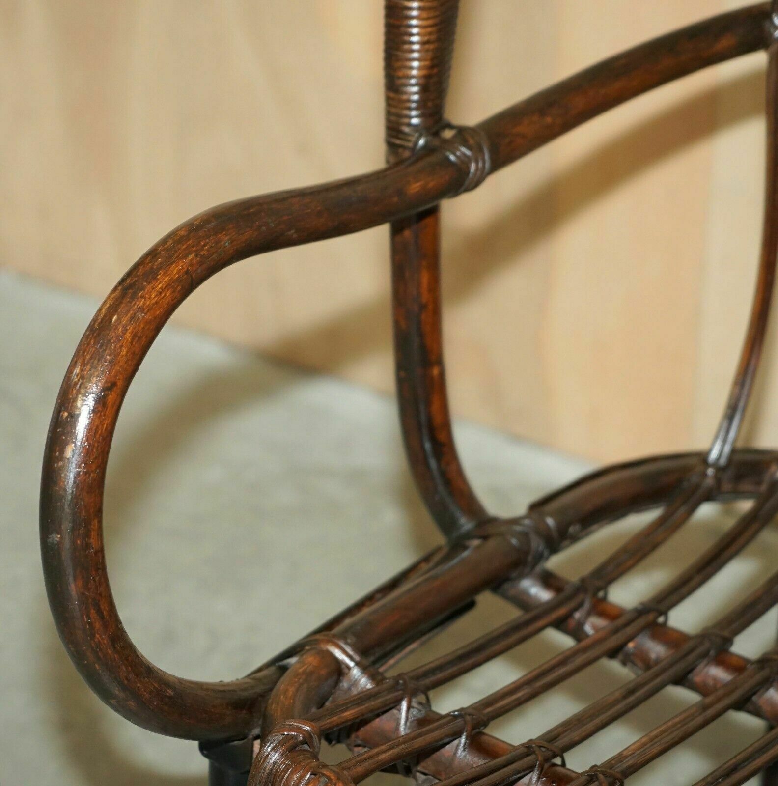 photo for sale Rare Antique Thonet Style French Bamboo Steel Base Porters Wingback Armchair