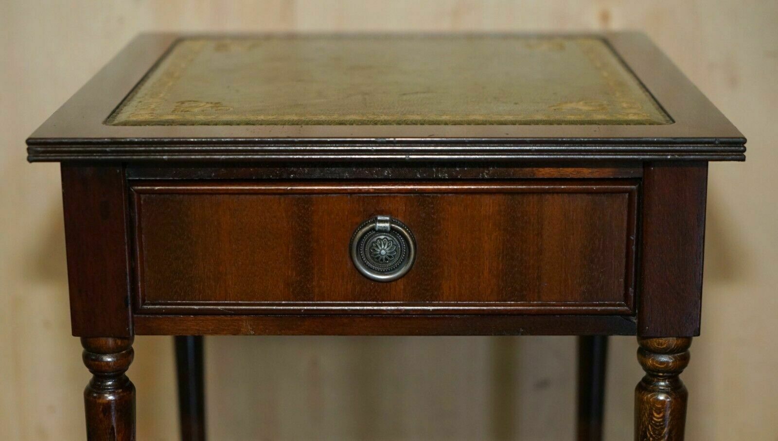 Lovely Vintage Circa 1940's Green Leather Gold Leaf Single Drawer Side Table photo Furniture
