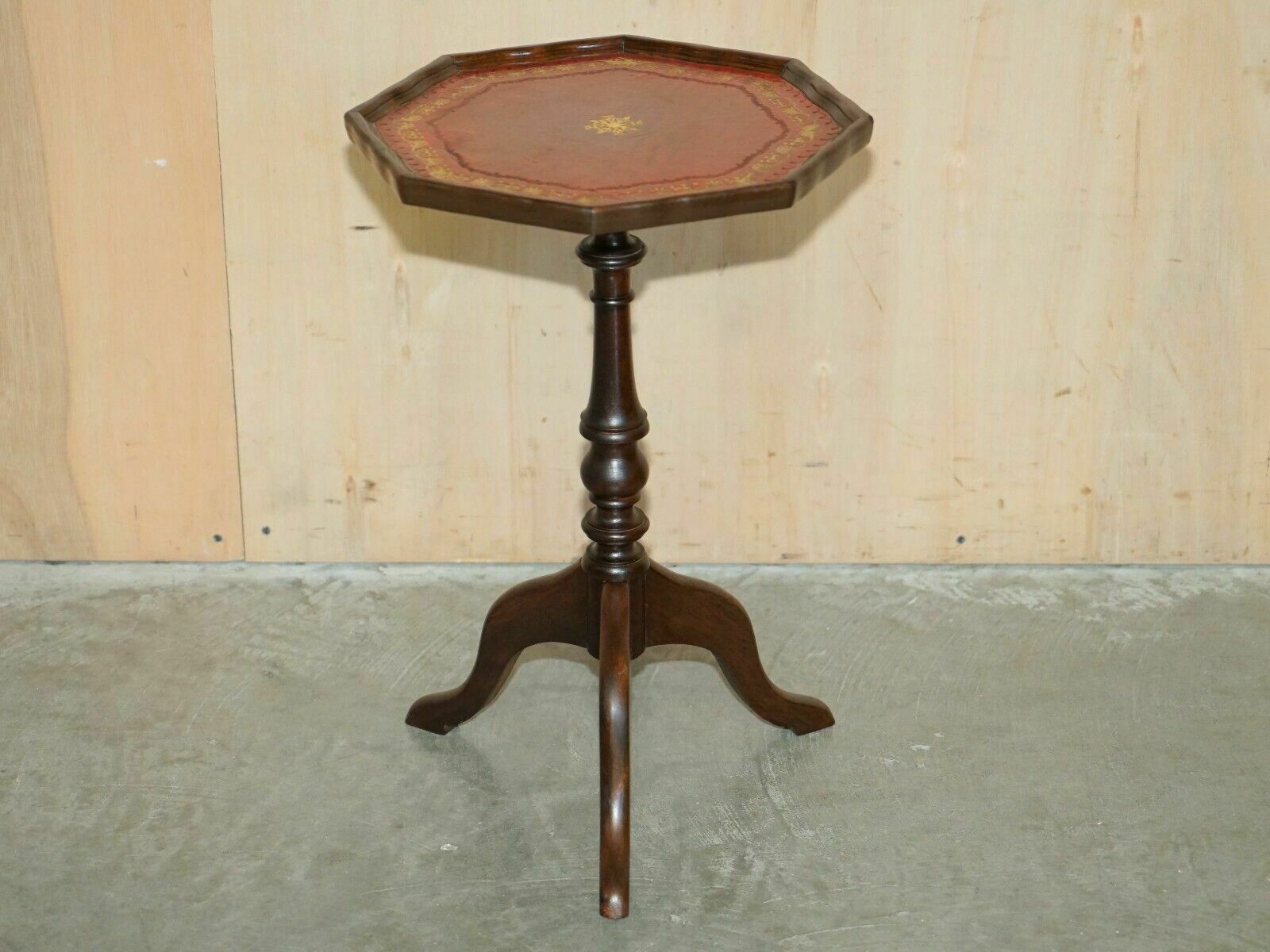 Lovely Gold Leaf Embossed Oxblood Leather Tripod Side End Lamp Wine Table photo furniture