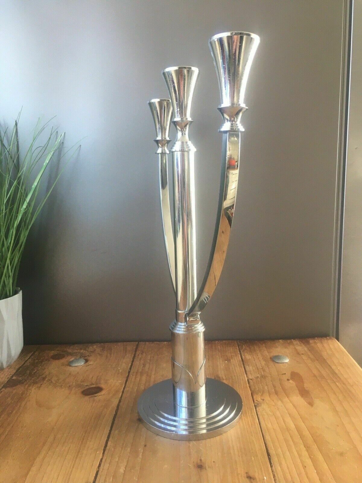 165.0 Large Modernist Chrome Wmf Hotel 3 Branch Candelabrum Candlestick Candle Holder photo