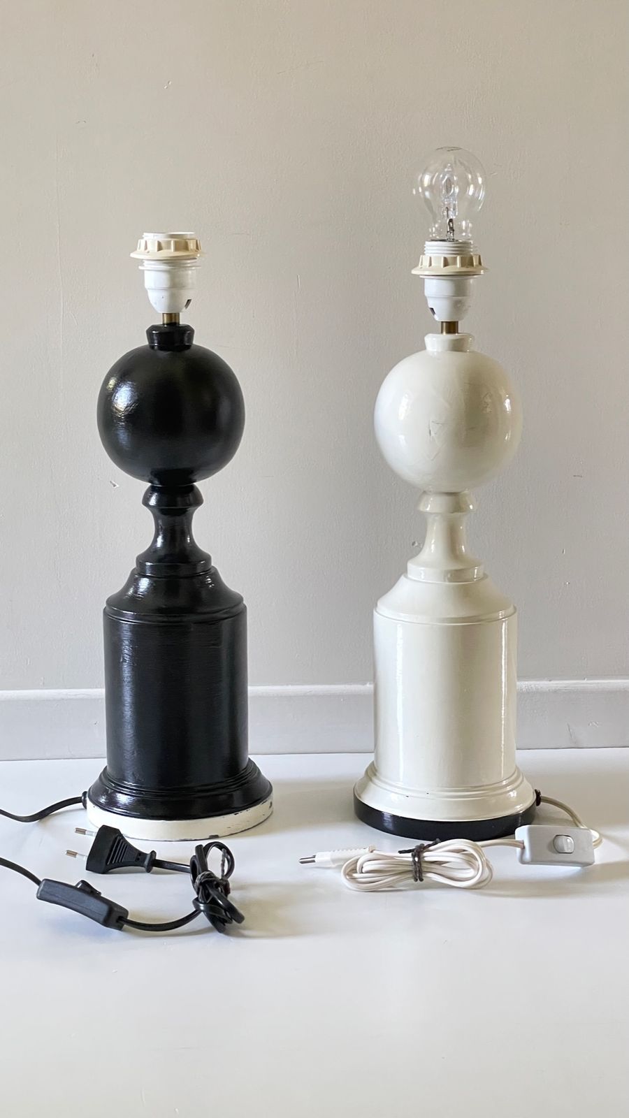 Pair Of Black And White Vintage Wooden Lamp Stands photo vinterior