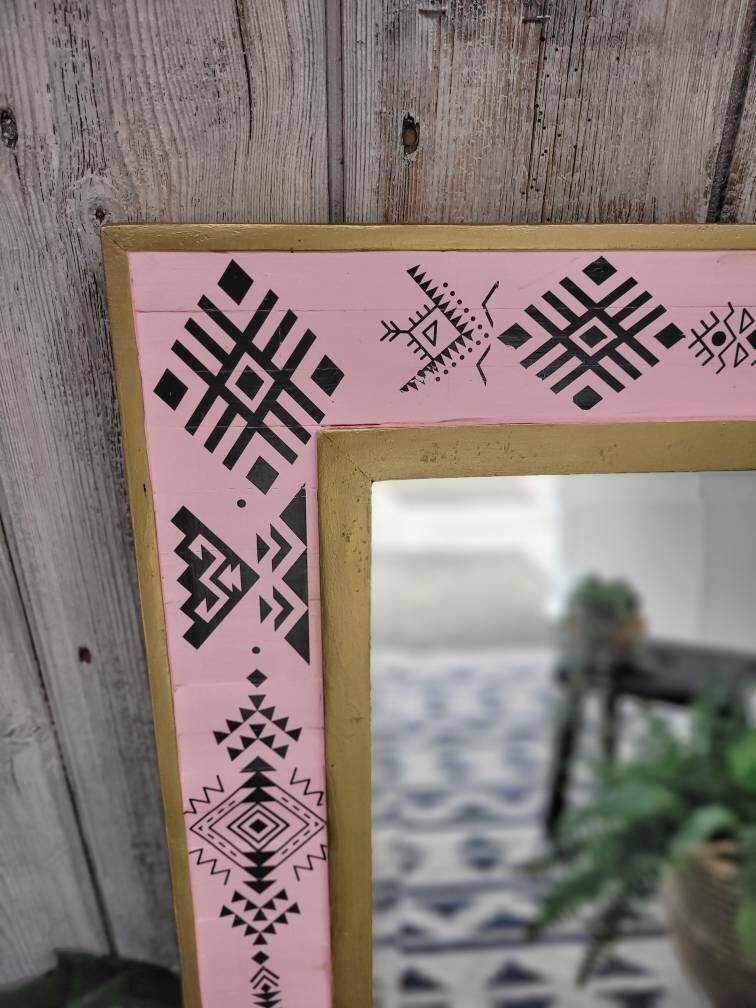 Pink Gold Black Large Mirror With Boho Tribal Design photo furniture