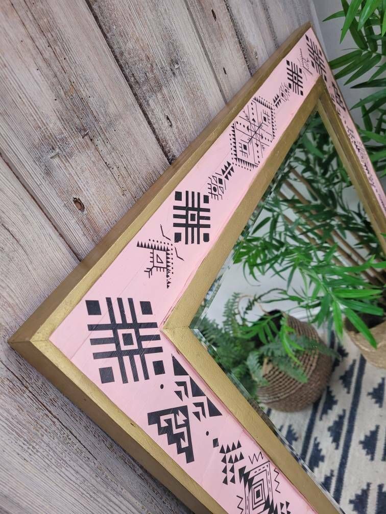 Pink Gold Black Large Mirror With Boho Tribal Design photo Home Decor