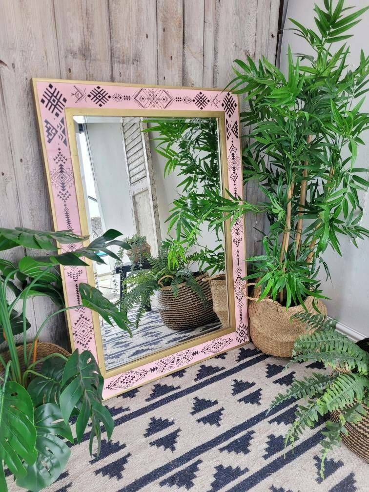 Pink Gold Black Large Mirror With Boho Tribal Design photo 195.0