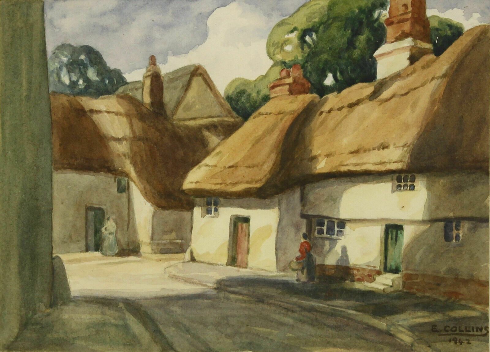 Watercolour By E Collins. Thatched Cottages photo furniture