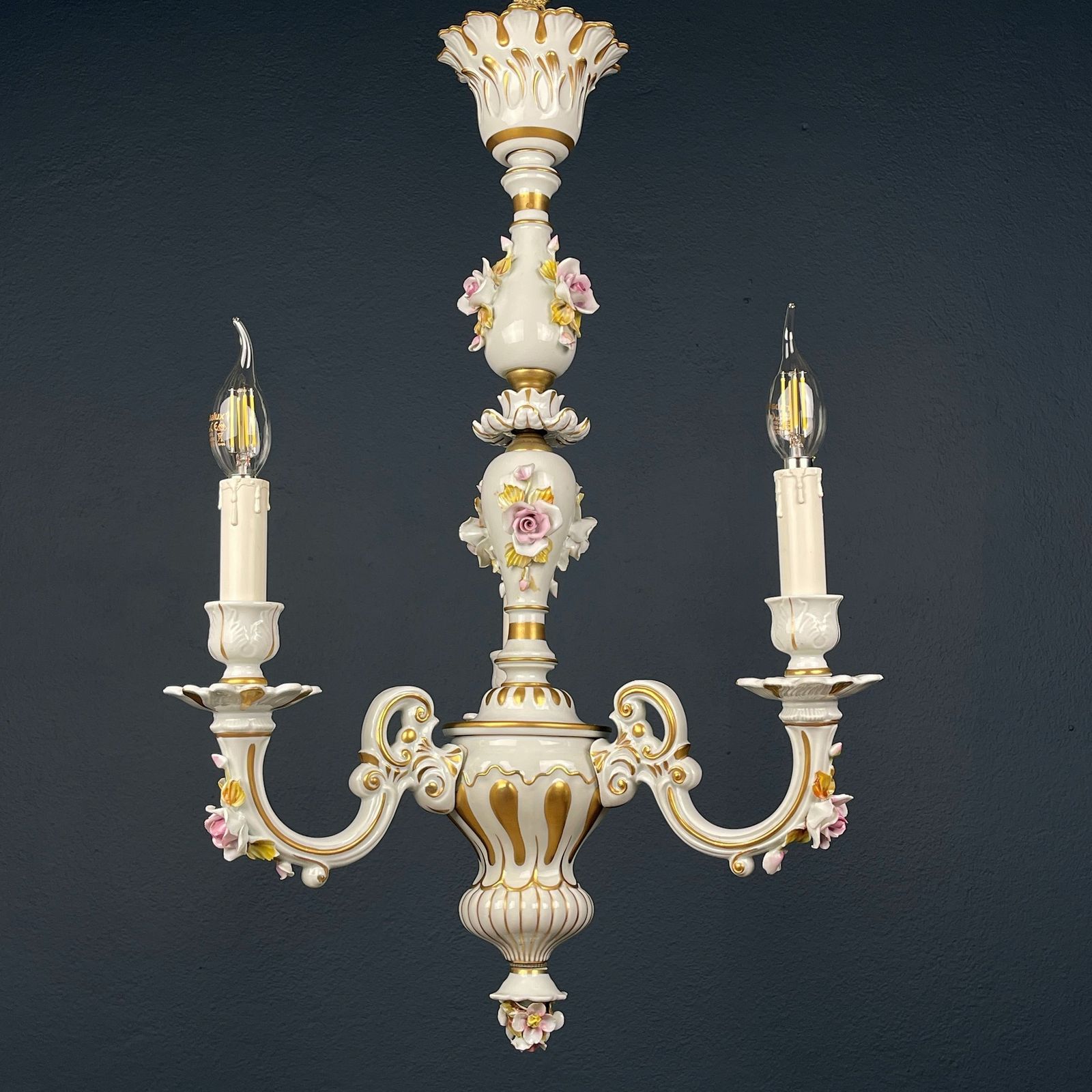 Lighting Vintage Capodimonte Porcelain 3 Arm Chandelier Italy 1940s photo