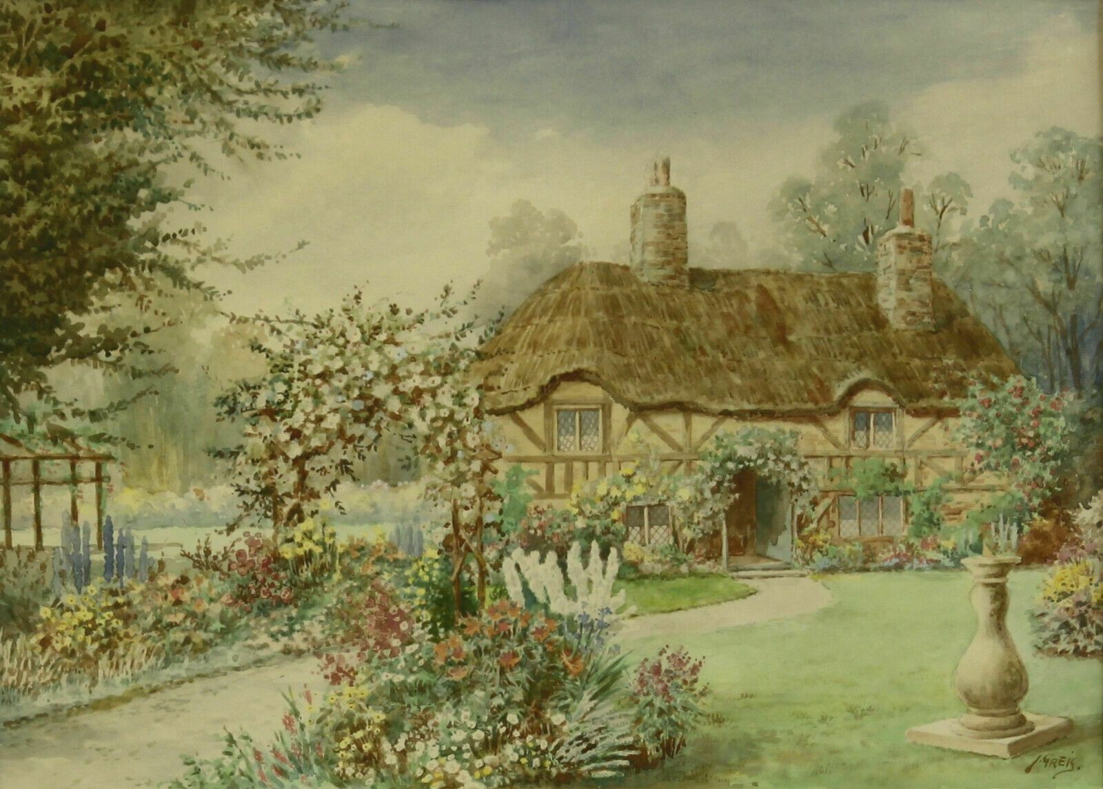 Watercolour Possibly By James Grieg. Thatched Cottage Garden photo furniture