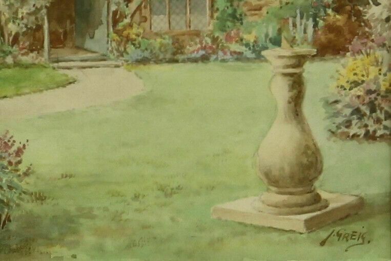 Watercolour Possibly By James Grieg. Thatched Cottage Garden photo for sale