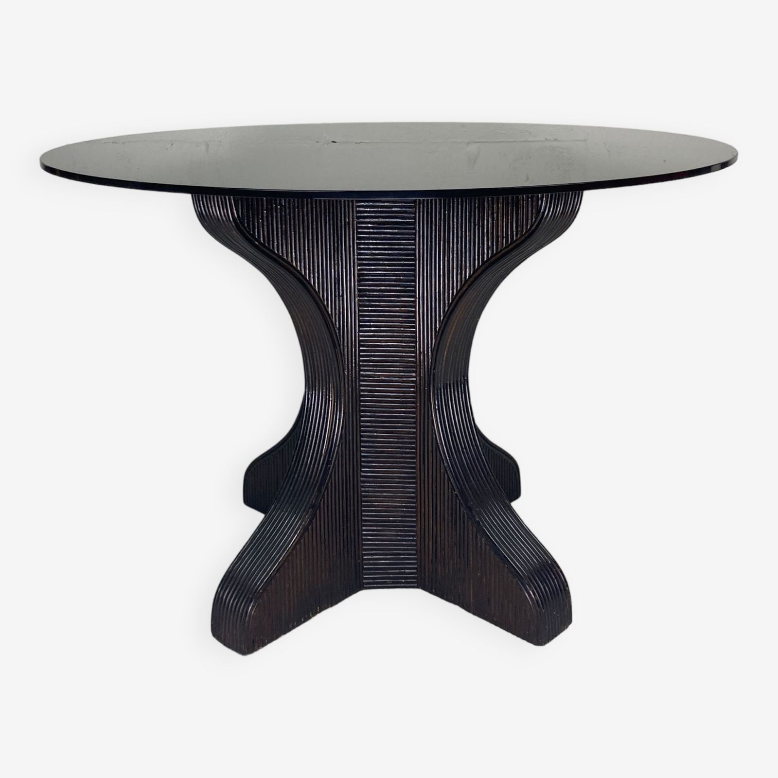 Pencil Reed Rattan Bamboo Dining Or Side Table Base With Smoked Glass Top, 1970s