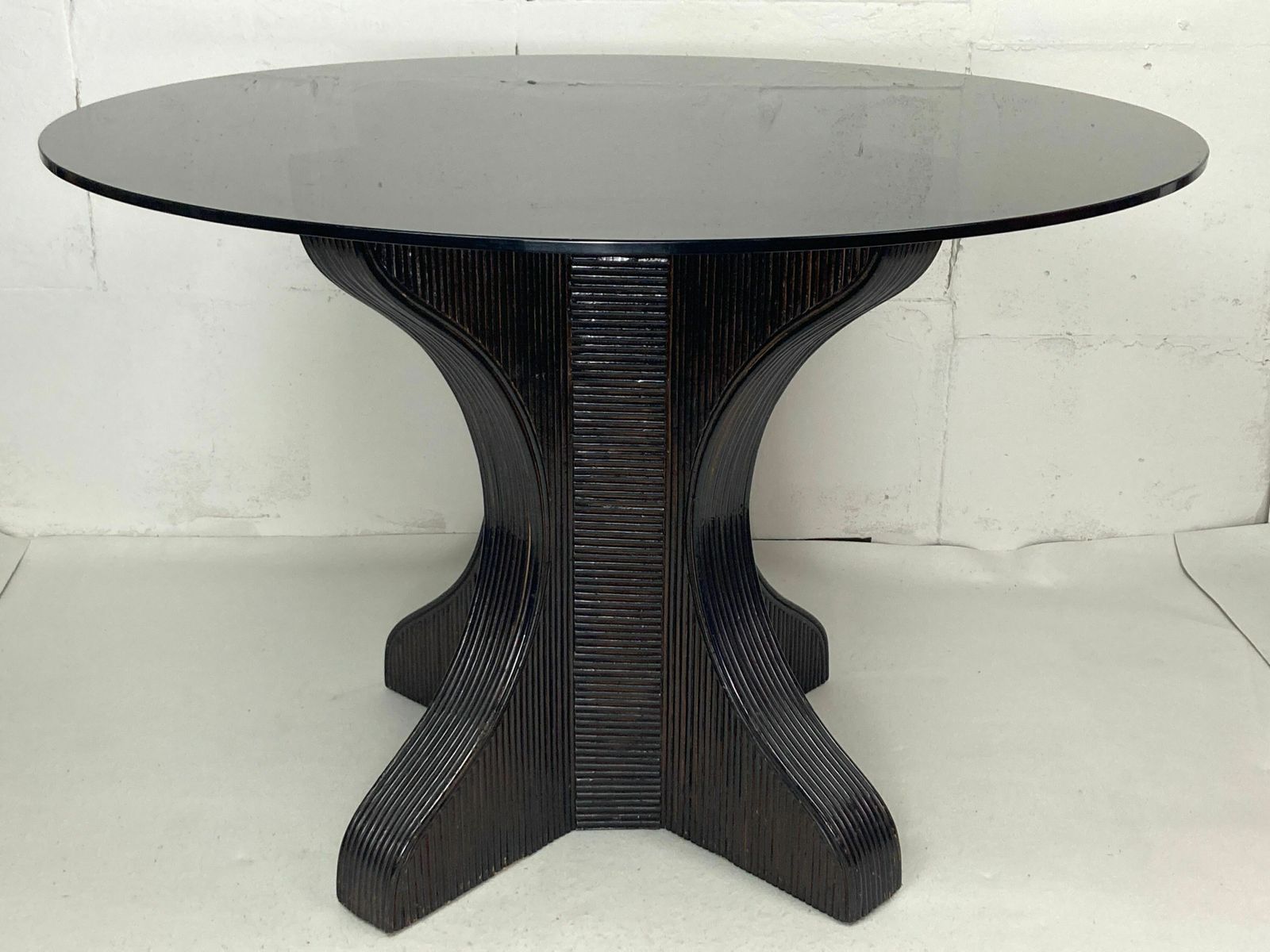 photo furniture Pencil Reed Rattan Bamboo Dining Or Side Table Base With Smoked Glass Top, 1970s