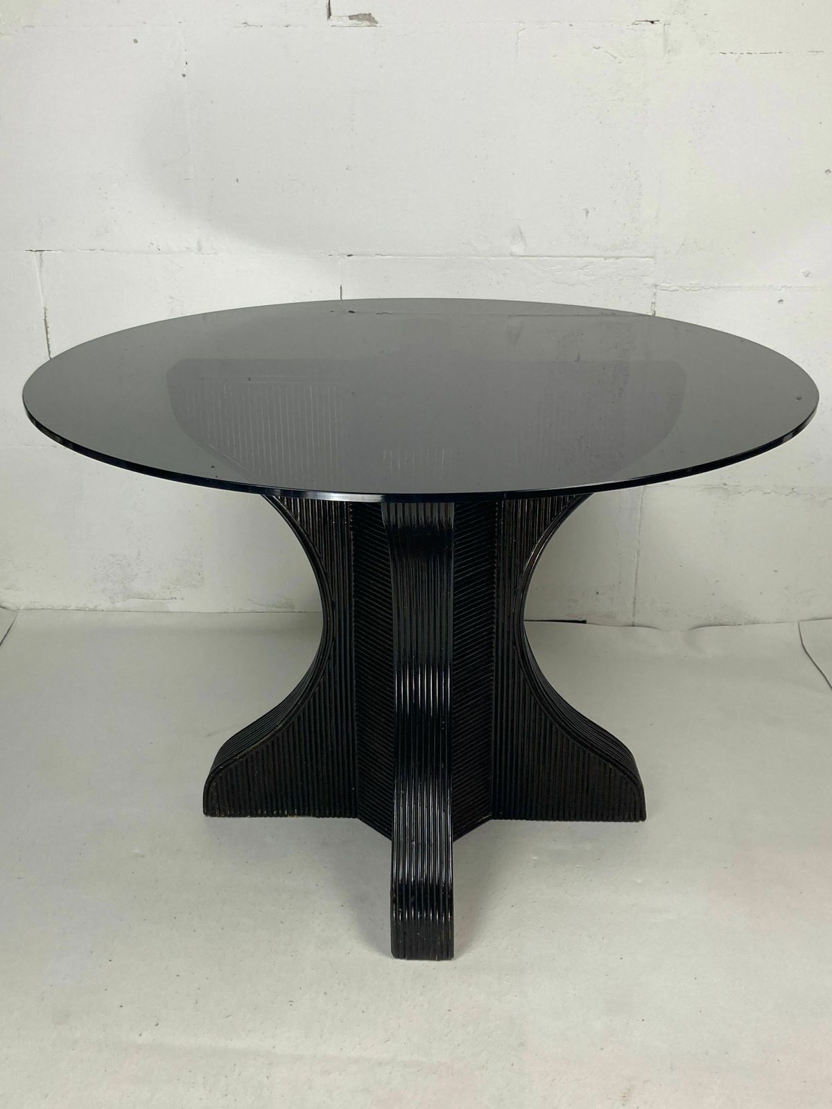 photo for sale Pencil Reed Rattan Bamboo Dining Or Side Table Base With Smoked Glass Top, 1970s