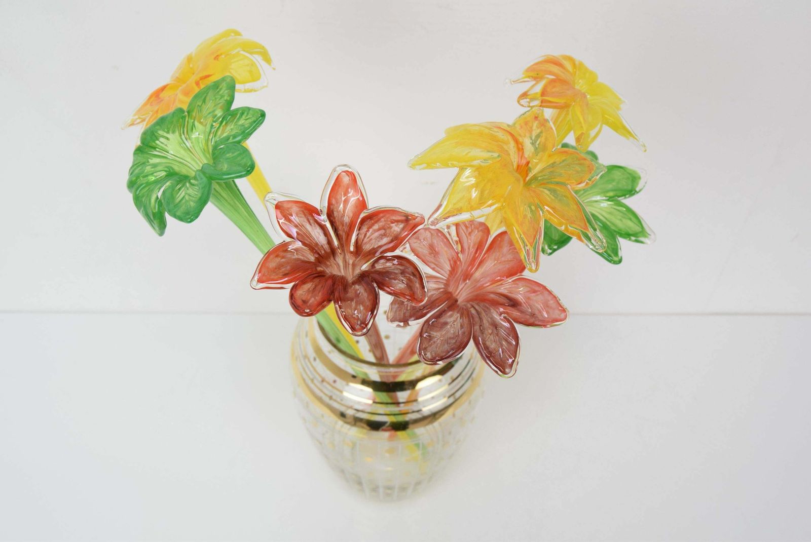Set Of Seven Glass Flowers, Glasswork Novy Bor, 1950's. photo furniture