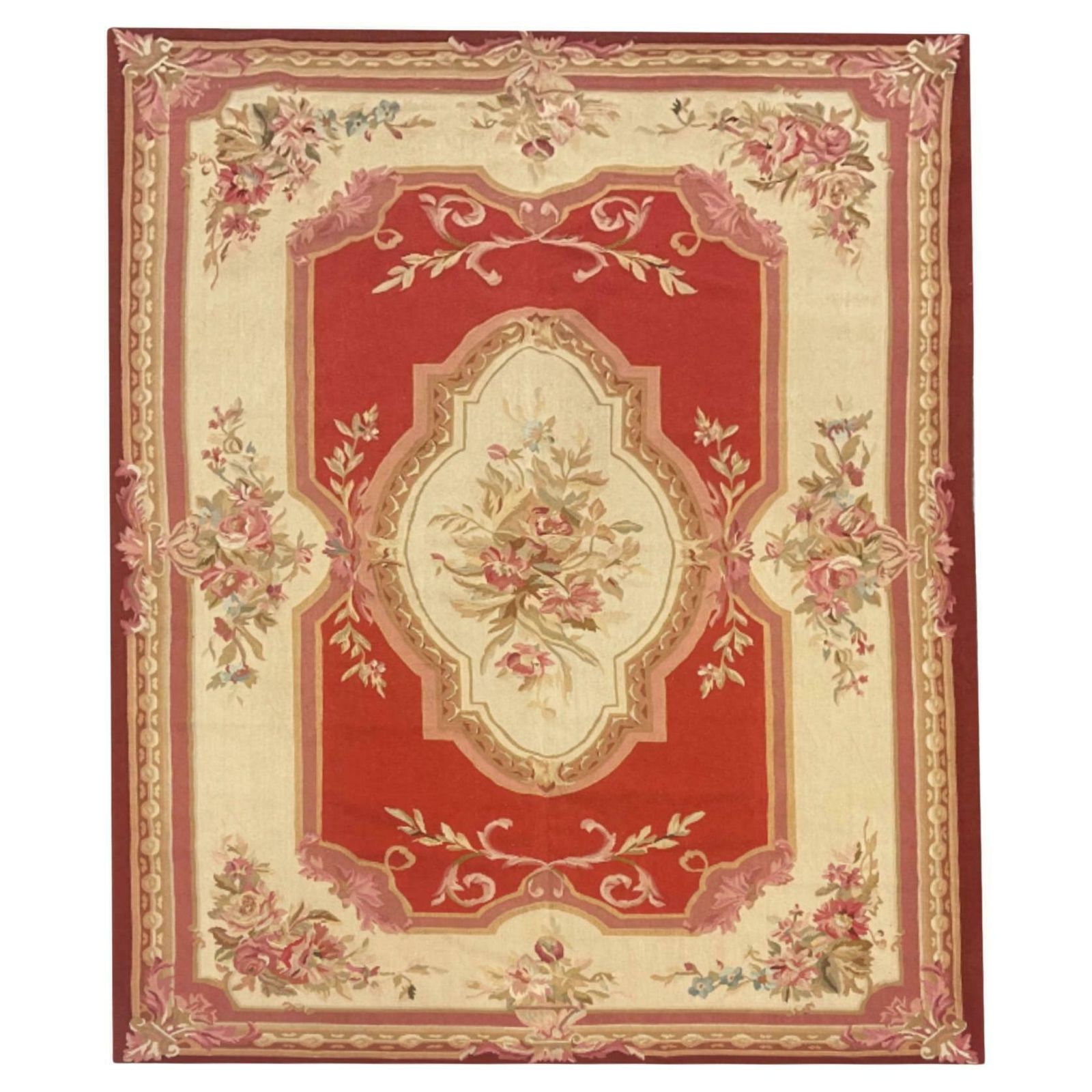 Handmade Carpet Vintage Aubusson Rug 1980 French  Red And Beige Wool Rugs