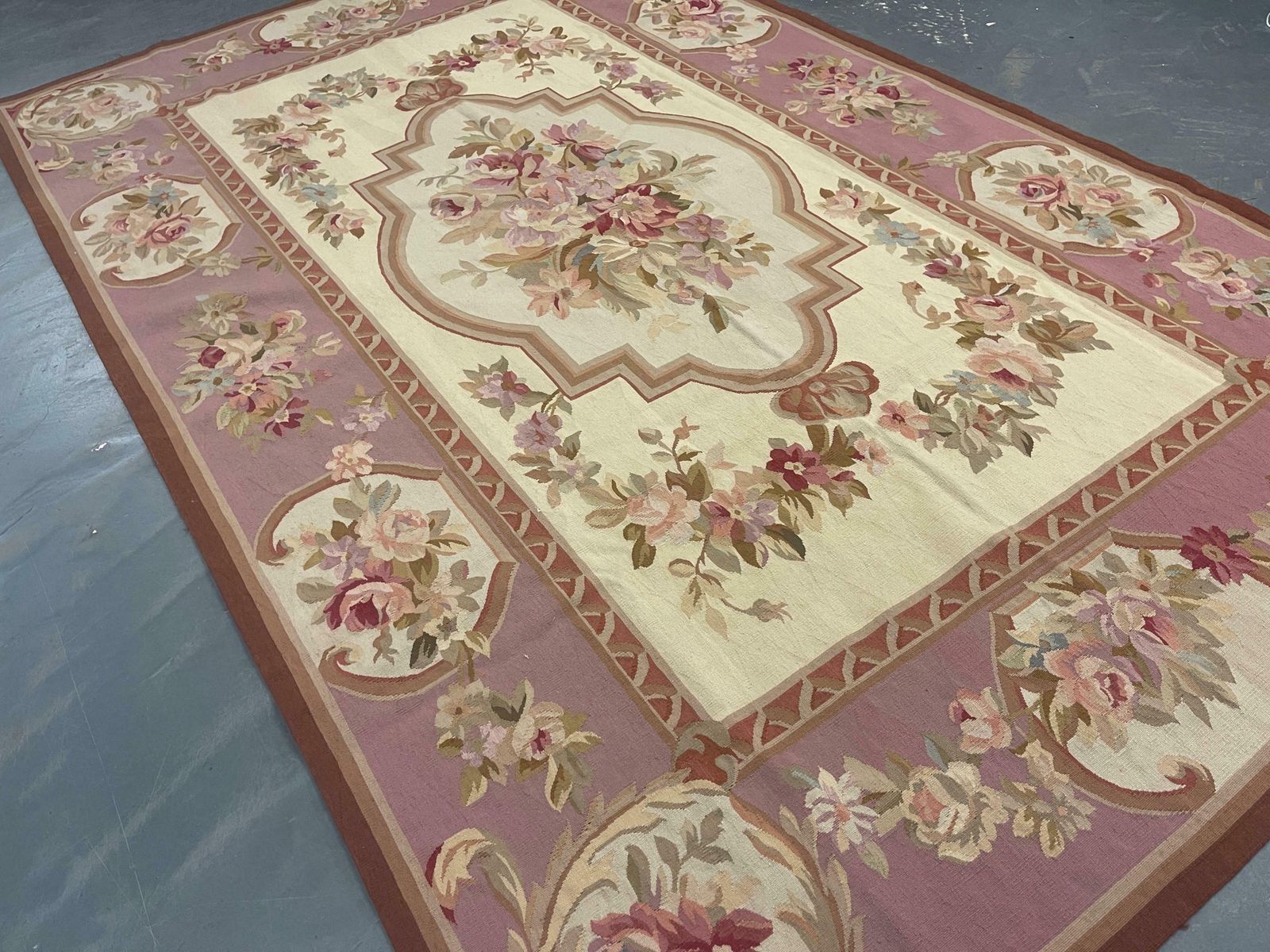 Blush Pink Aubusson Rug Traditional Carpet Handwoven Wool Needlepoint Floral photo furniture