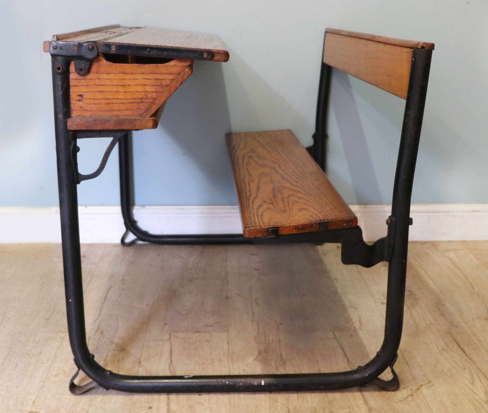 A Wonderful Early 20th Century Oak And Iron Framed School Desk And Integral Chair. photo vinterior