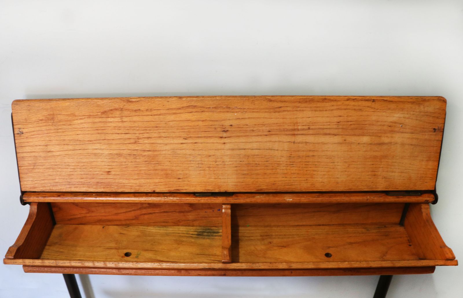 395.0 A Wonderful Early 20th Century Oak And Iron Framed School Desk And Integral Chair. photo