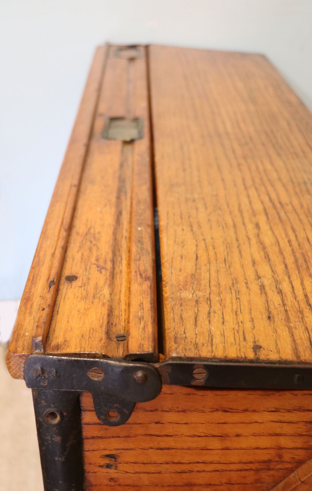 photo buy A Wonderful Early 20th Century Oak And Iron Framed School Desk And Integral Chair.