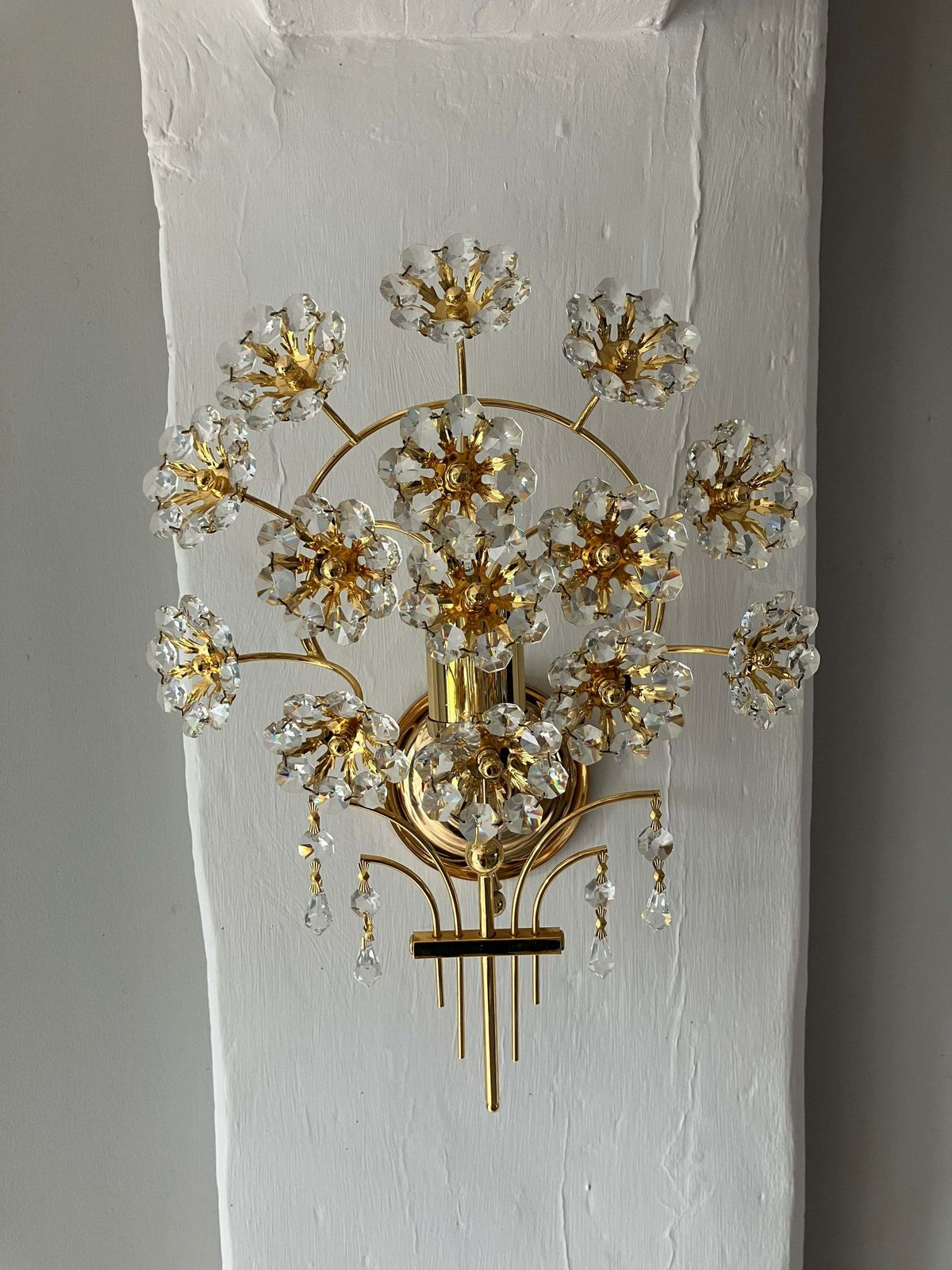 photo buy Pair Of Gold Plated Brass And Crystal Glass Flower Wall Lamps Sconces By Palwa, 1960