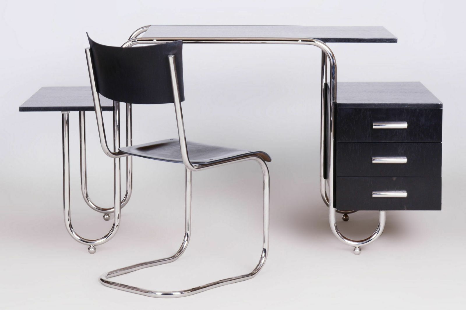 photo buy Restored Bauhaus Oak Writing Desk, Designed By French Architect André Lurcat, Made By Robert Slezak, Chrome Plated Steel, Czechia, 1930s